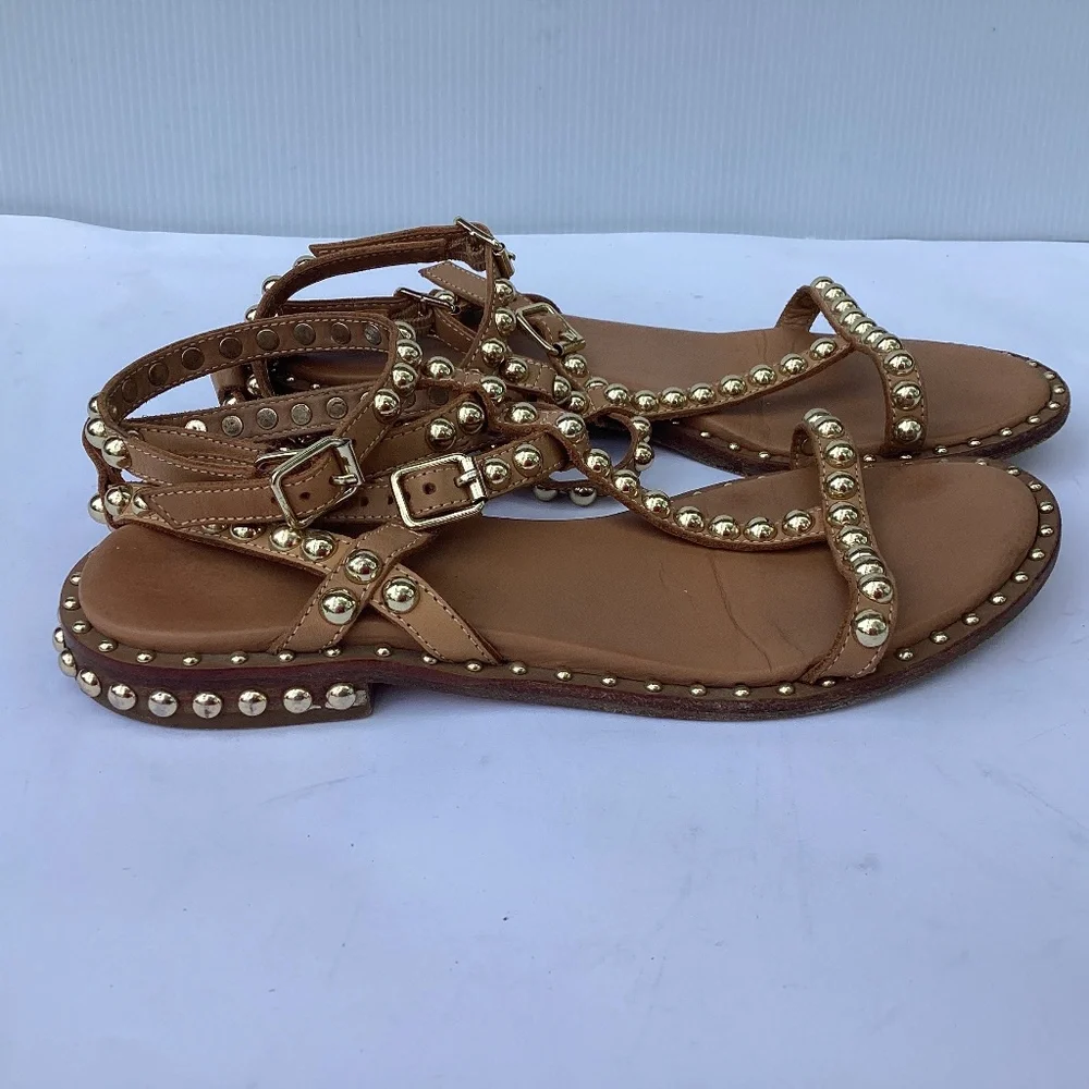 Ash Tan Leather Studded Gladiator Sandals with Gold Studs